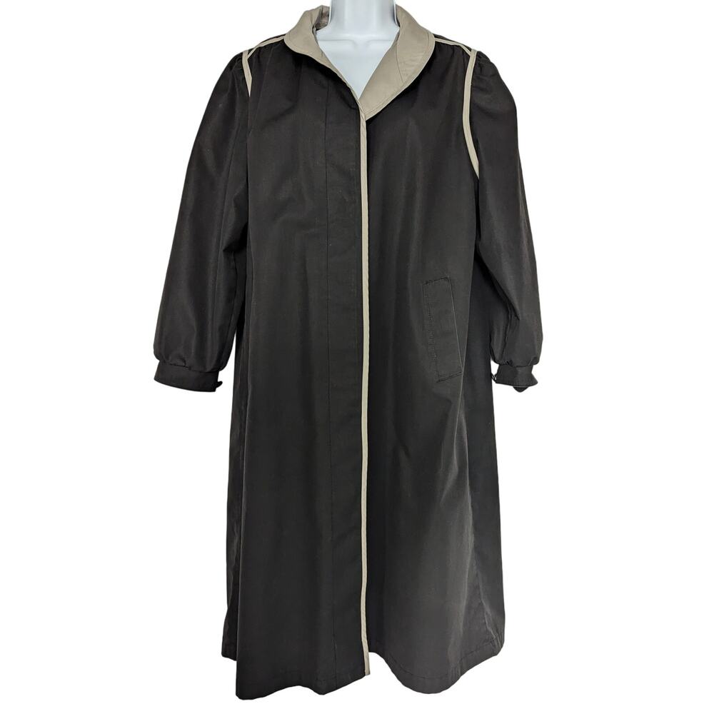 Women’s Black Mid-Length Trench Style Button Front Coat Contrast Trim - Picture 2 of 14